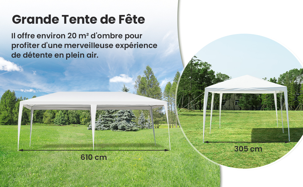 Grande tente d'événement extérieure blanche dans un champ herbeux. Dimensions : 610 cm x 305 cm Fournit 20 m² d'ombre pour les rassemblements en plein air.