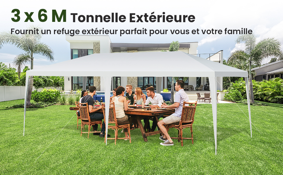 Grande tente extérieure blanche à baldaquin (3 x 6 m) installée sur la pelouse. Les gens sont assis à la table en dessous. Le texte le décrit comme un abri extérieur idéal pour la famille.