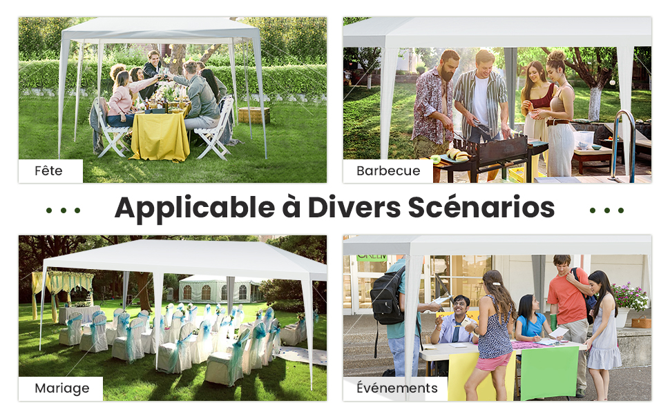Image à quatre panneaux montrant des scénarios d'événements extérieurs : garden-party, barbecue, organisation d'une cérémonie de mariage et rassemblement en intérieur, le tout avec des tentes à baldaquin et du mobilier événementiel