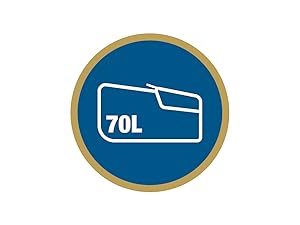 Le texte indique « 70L ». Emblèmes ou insignes circulaires bleus et dorés avec des icônes de dossier, disposés en séquence.