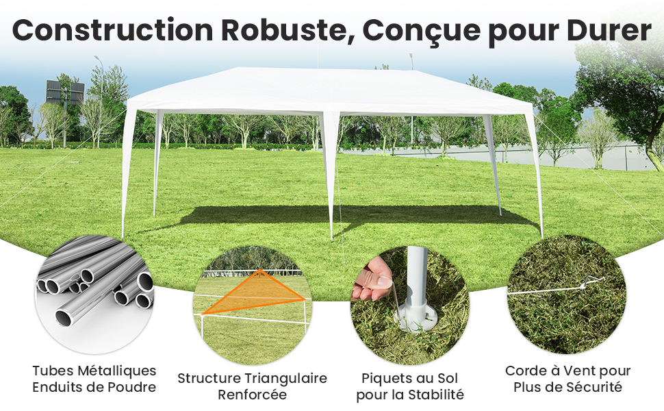 avec cadre en métal. Les caractéristiques comprennent une structure triangulaire renforcée, des piquets de sol pour la stabilité et des cordons résistants au vent. Conçu pour être durable en extérieur.