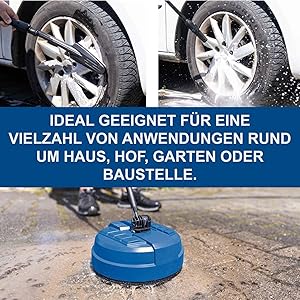 pour le lavage à pression, illustré avec des roues de voiture et un texte en allemand sur les multiples applications de nettoyage.