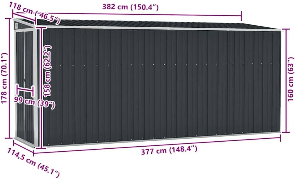 Générique Abri de Jardin Mural Anthracite 118x382x178 cm Acier,Structures extérieures, Cabanes & abris de Jardin,316231