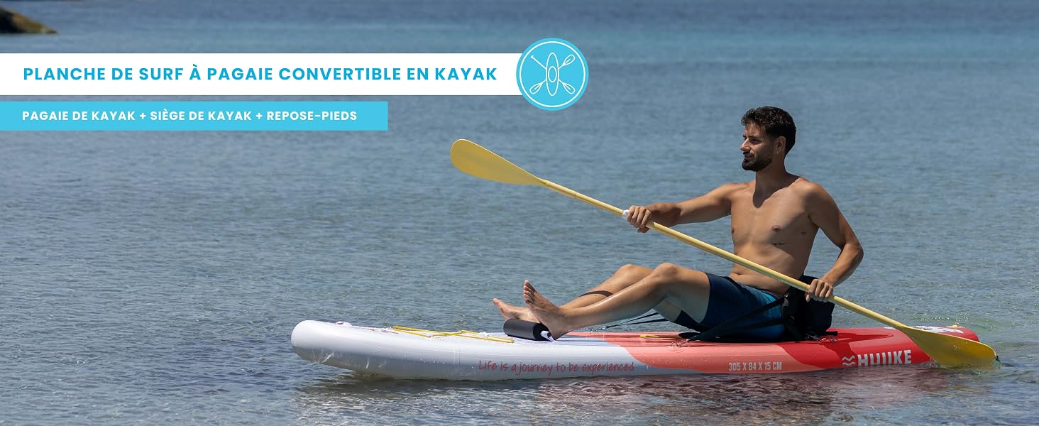 Image marketing montrant un paddleboard gonflable utilisé sur l'eau bleue, avec des informations superposées en caractères chinois.