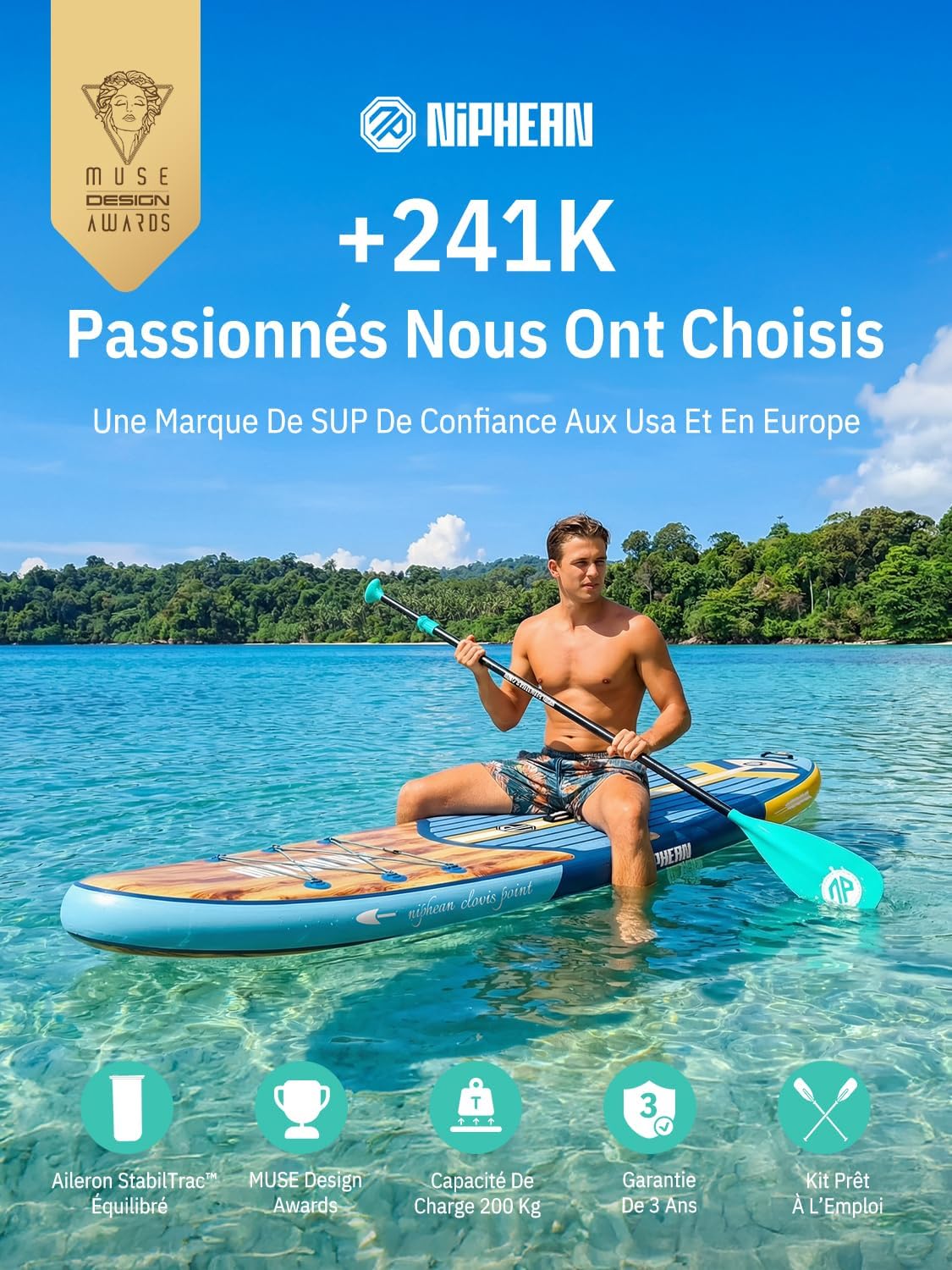Niphean - Paddle gonflable adulte 320cm, 200kg, siège inclus