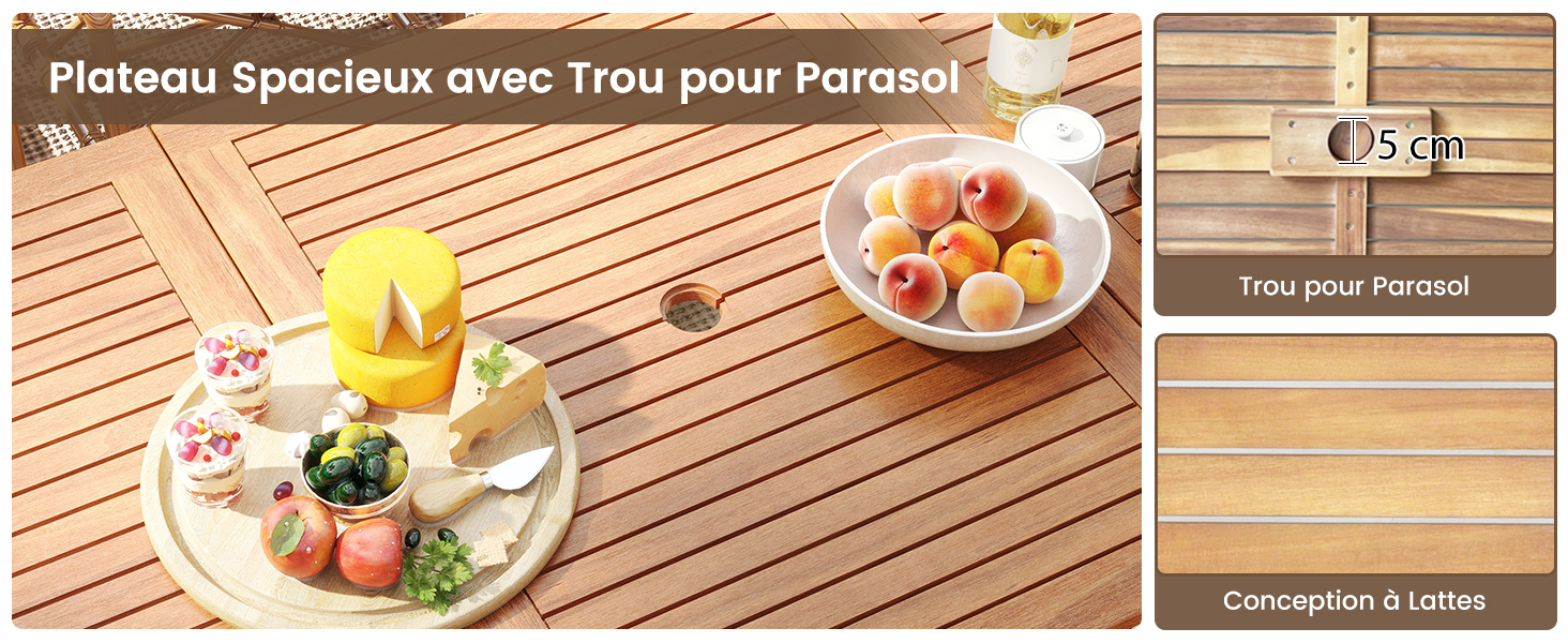 Le texte indique « Plateau Spacieux avec Trou pour Parasol ». Table de terrasse en bois avec trou pour parasol, montrant différents angles et options de placement des aliments.