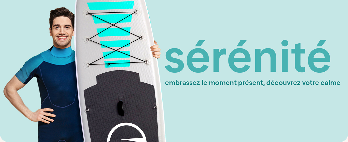 Le texte indique « sérénité ». Bannière marketing répétée sur fond turquoise montrant le contenu promotionnel du produit.