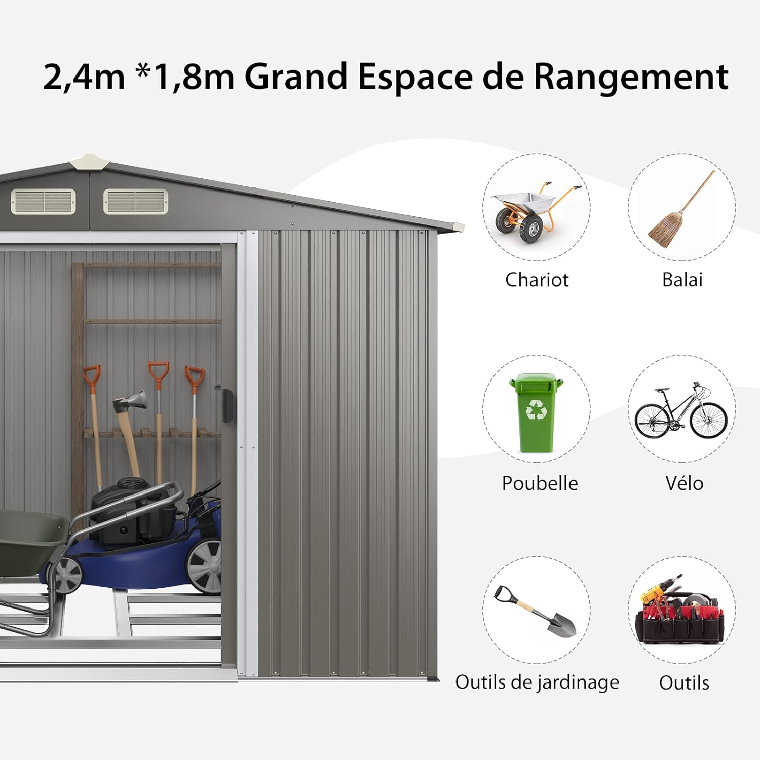 COSTWAY Abri de Jardin 4.7㎡en Acier Galvanisé Anti-UV, 260 x 207 x 181 CM, Cabane de Jardin Exterieur 9.7 m³ avec Fondation et Porte Coulissante, Rampe, 4 Trous d’Aération, 4 Gants Inclus, Gris Foncé