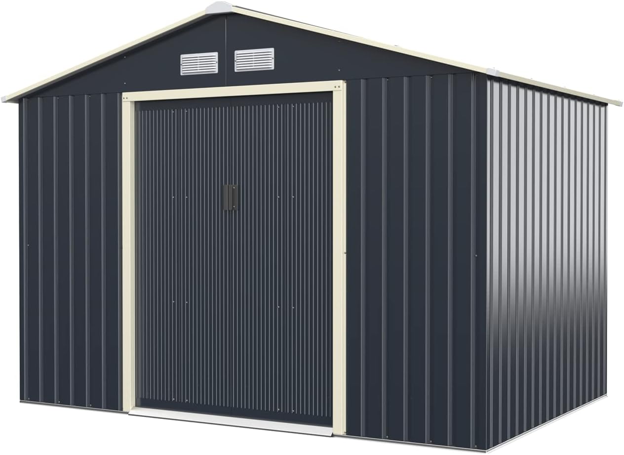 RELAX4LIFE Abri de Jardin Métal 5m2 avec Porte Coulissante Toit en Pente, Cabane de Jardin Extérieur 277x192x202cm Bricolage Rangement Cananon de Jardin résistant aux intempéries