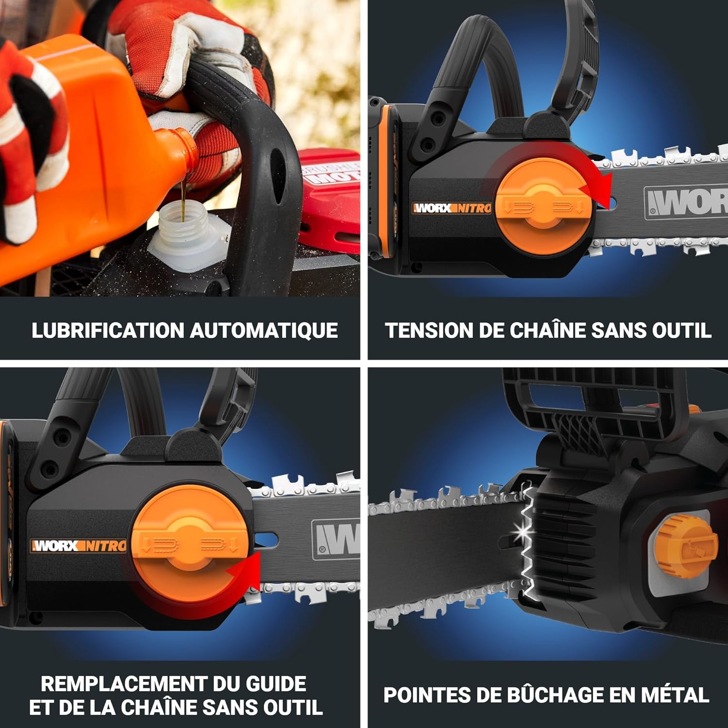 WORX - tronçonneuse sans fil 20V - guide 30cm - moteur brushless, lubrification auto, WG350E