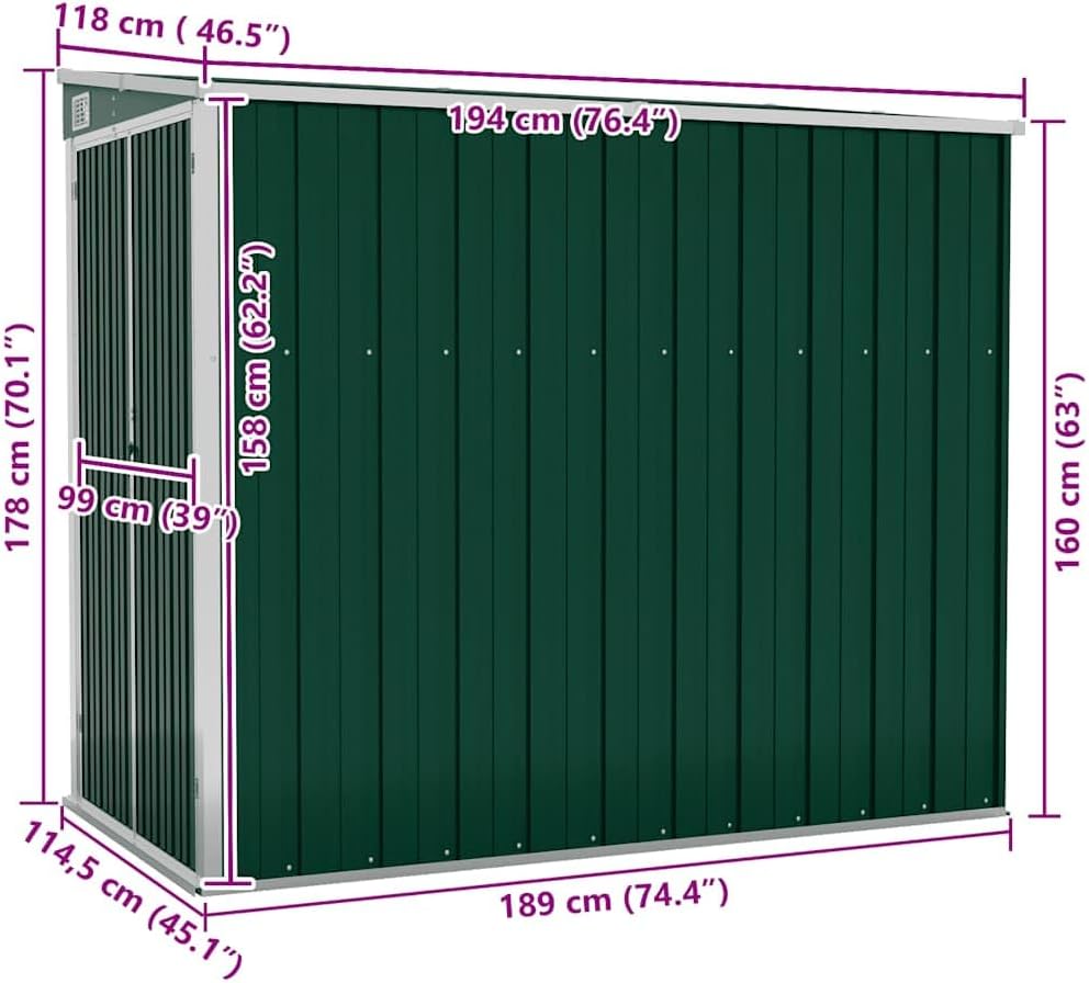 Générique Abri de Jardin Mural Vert 118x194x178 cm Acier galvanisé,Structures extérieures, Cabanes & abris de Jardin,316221