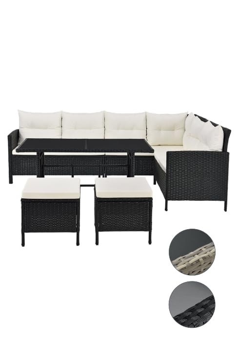 Mobilier de jardin Lounge Manacor en polyrotin Noir/crème