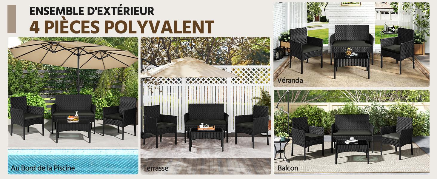 Le texte se lit comme suit : « ENSEMBLE D'EXTÉRIEUR 4 PIÈCES POLYVALENT », « Au bord de la piscine », « Véranda », « Terrasse », « Balcon». Vues multiples d'un ensemble de mobilier d'extérieur montrant des chaises et une table en osier noir dans différents décors de patio.