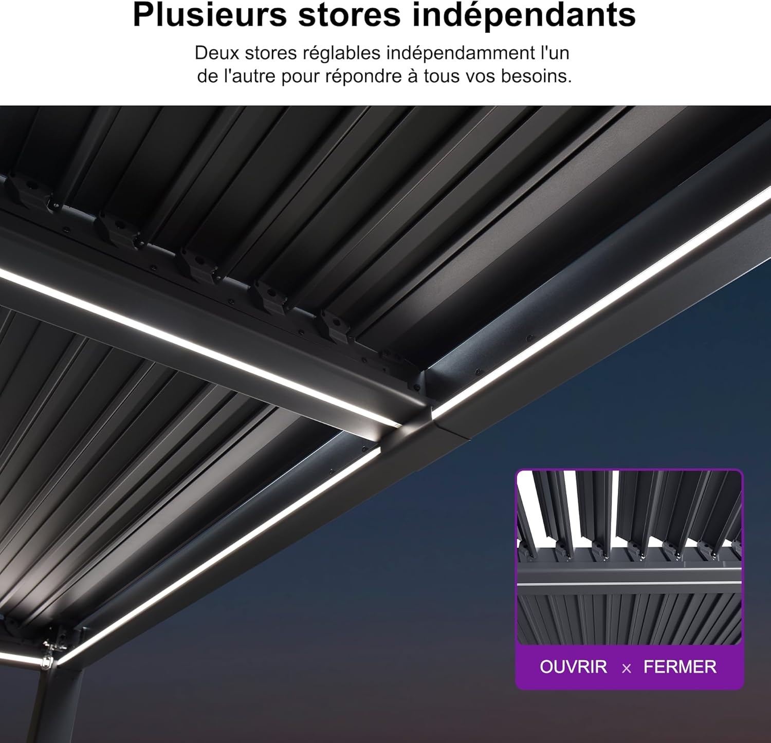 PURPLE LEAF - Pergola bioclimatique alu 4x4.6m, lames LED, durable