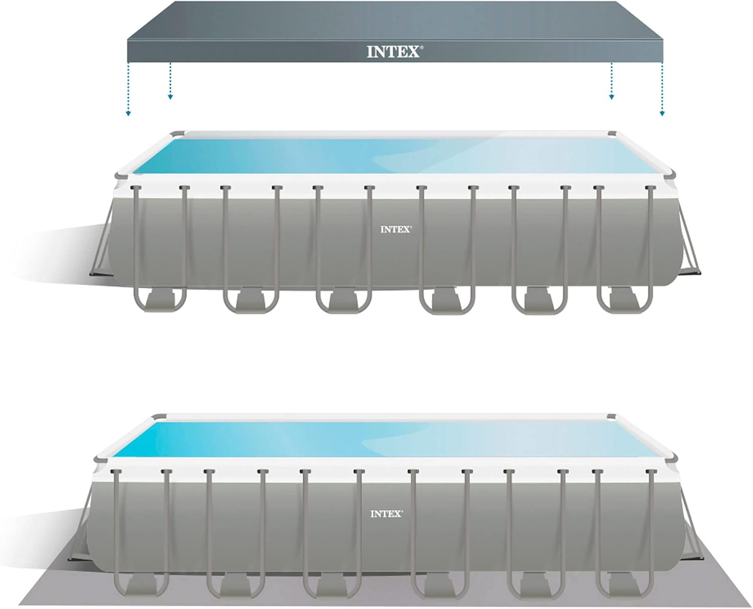 Intex 26368NP – Piscina Fuori Terra Ultra XTR Frame Rettangolare, Pompa Filtro 7900 L/h, Scaletta, Telo Base e Copertura, Kit Pulizia Deluxe e Set Volley, 31805 L, Acciaio e PVC, Grigio, 732x366x132cm