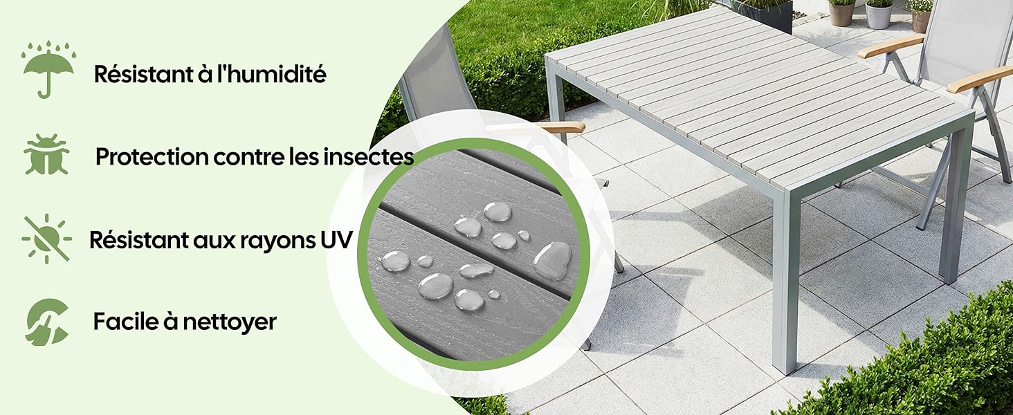 Le texte indique « Résistant à l'humidité, Protection contre les insectes, Résistant aux rayons UV, Facile à nettoyer ». Ensemble de mobilier d'extérieur avec table et chaises présentées sur la terrasse.