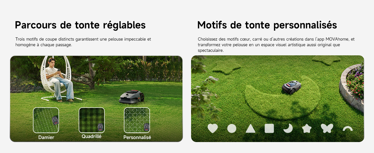 Le texte se lit comme suit : « Parcours de forte rugosite » et « Motifs de forte personnalités ». Série de graphiques sous forme d'icônes illustrant différents motifs ou textures de surface.