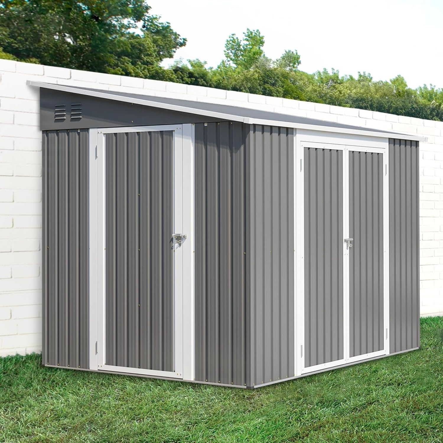 YEHTOKHOME 6x8 FT Abri de Jardin en Métal 262x180 cm, Abri de Jardin avec Toit Incliné, Portes Verrouillables et Fondation Métallique, Rangement Extérieur Étanche, Marron (6x8 FT)