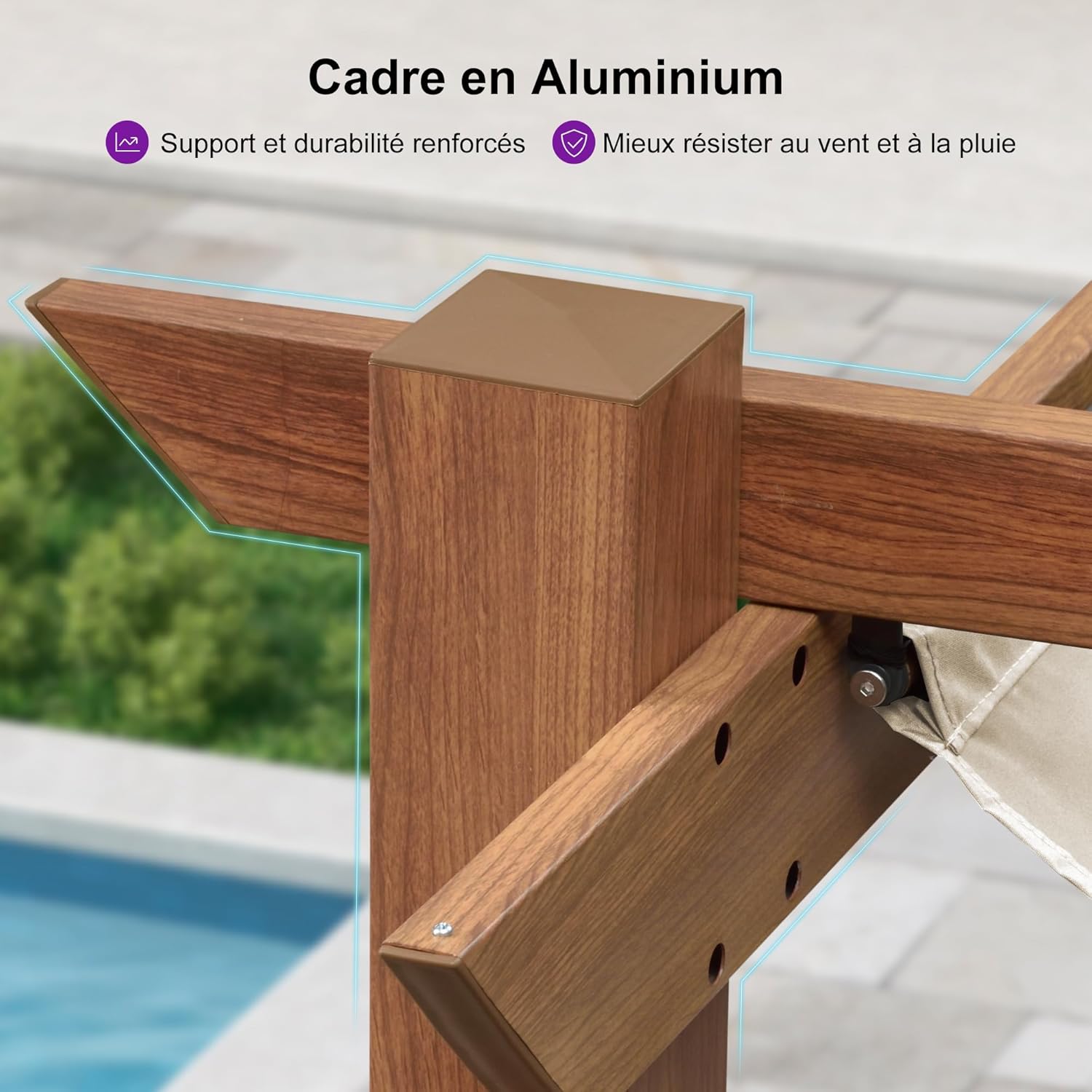 PURPLE LEAF - pergola aluminium 4x3m teck, toile rétractable, kaki