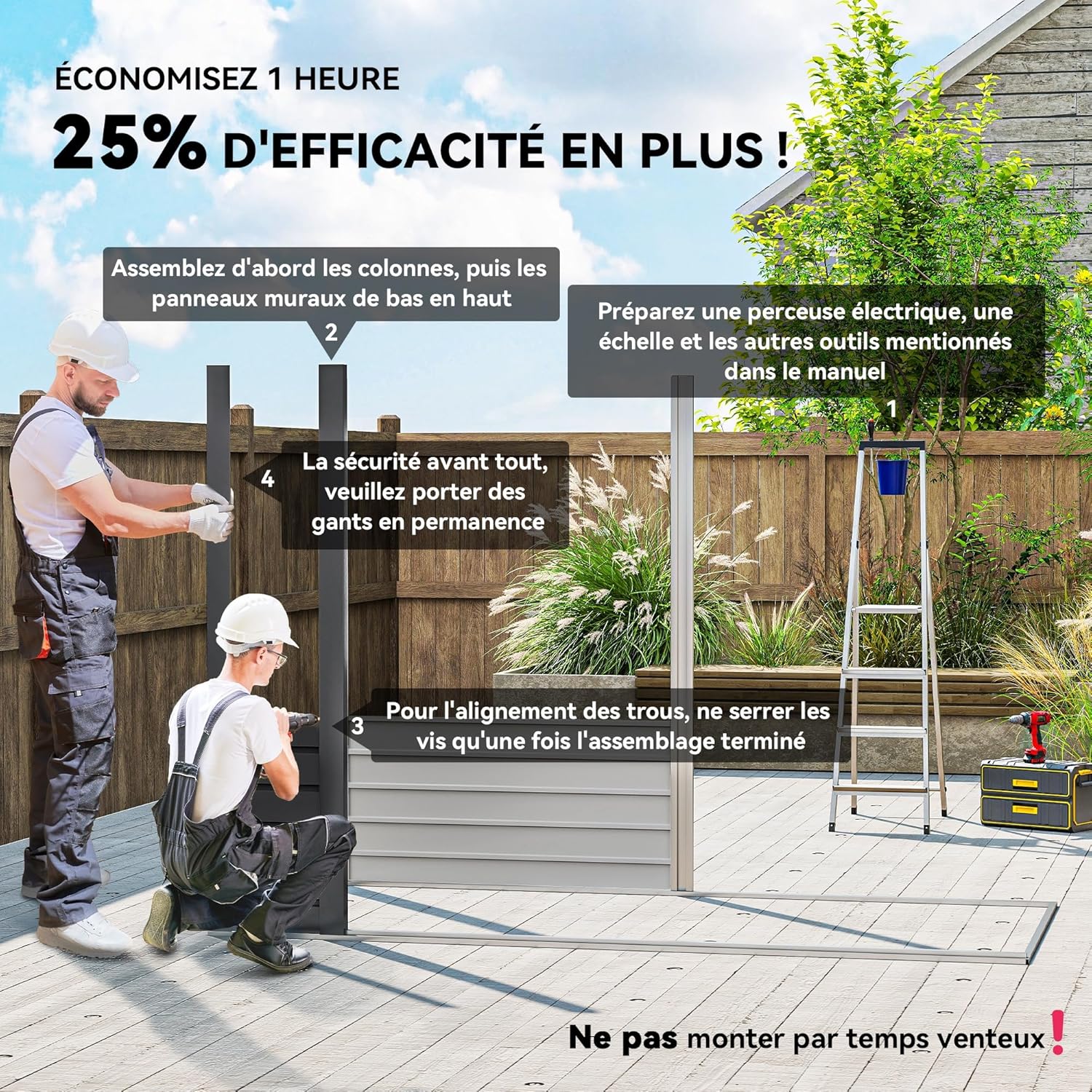 abri de jardin métal 3 m² - acier, portes verrouillables, aération, gants - 249x121x183 cm