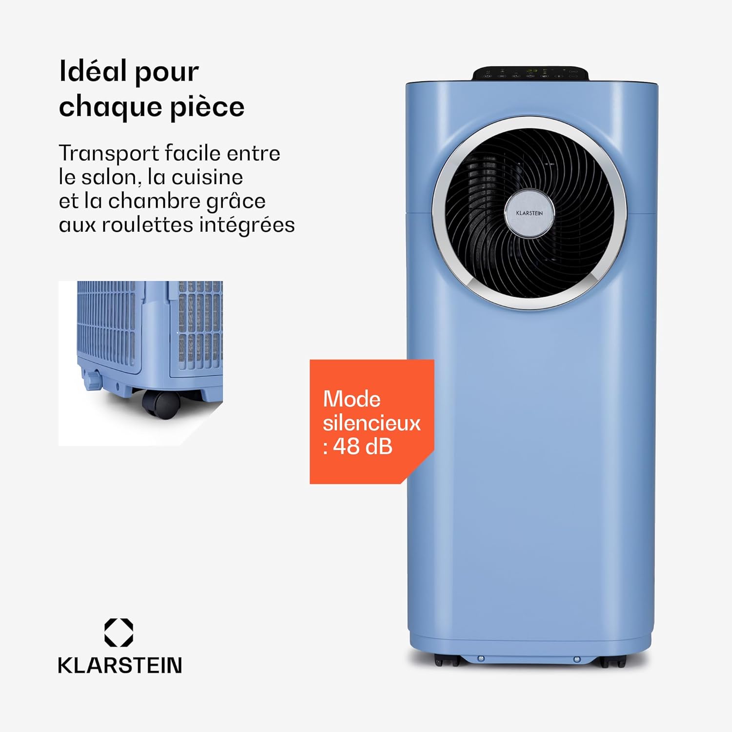 Klarstein Kraftwerk Smart 10K Climatiseur Mobile - 10,000 BTU, 29-49 m², Silencieux 50 dB, App & Alexa, Déshumidificateur 23 l/h, Ventilateur 440 m³/h, Télécommande, Kit Fenêtre Inclus, Bleu moyen