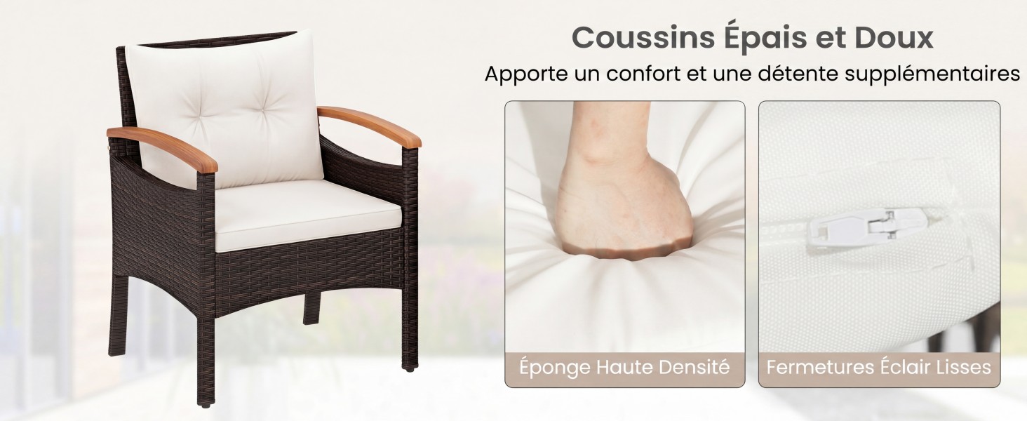 Le texte se lit comme suit : « Coussinés Épais et Doux » et « Appuie-bras confortables à une distance supplémentaire ». Chaise rembourrée noire et beige avec des images rapprochées montrant les détails des accoudoirs rembourrés.