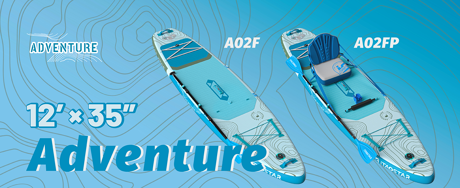 Le texte indique « Adventure 12 » x 35 pouces. Série d'images montrant des équipements aquatiques gonflables, avec des graphismes marketing sur le thème du bleu et les dimensions du produit.