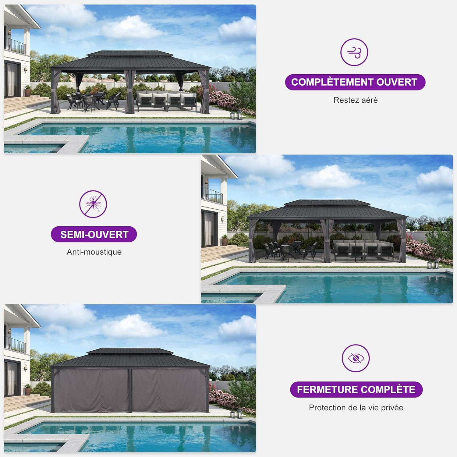 PURPLE LEAF - Pergola série extérieure - 7.32x4.25m - alu, éclairage, moustiquaire, rideaux, gouttière, poteaux renforcé