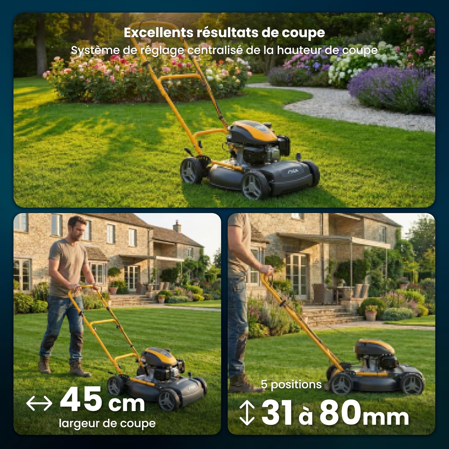 STIGA - Multiclip 47 - 45 cm - moteur 123 cc, 5 hauteurs coupe, guidon ergonomique