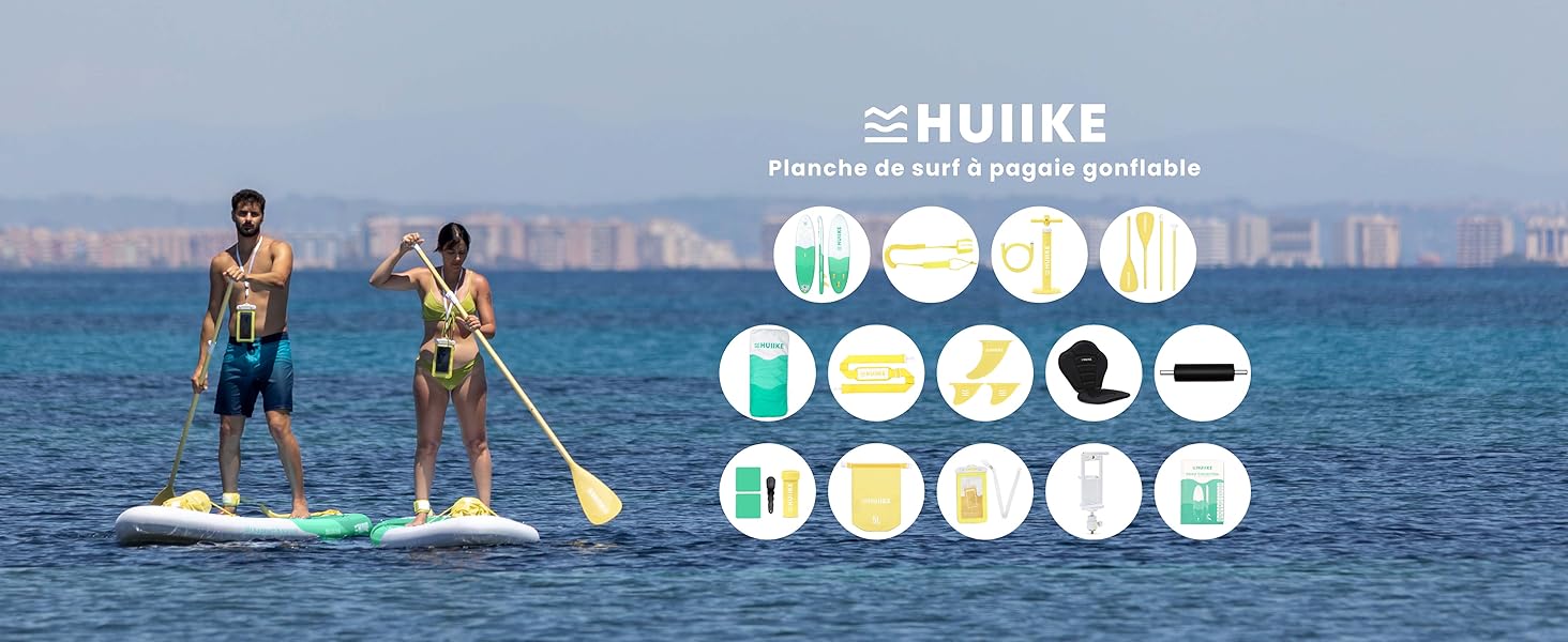 Le texte indique « HUIKE ». Même scène de paddleboard sous un angle différent montrant des personnes utilisant la planche sur des eaux calmes de l'océan. Une série d'icônes circulaires blanches présentant les caractéristiques des produits est visible.