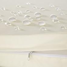 Gros plan de gouttelettes d'eau sur une surface de tissu de couleur claire, démontrant des propriétés hydrofuges ou imperméables