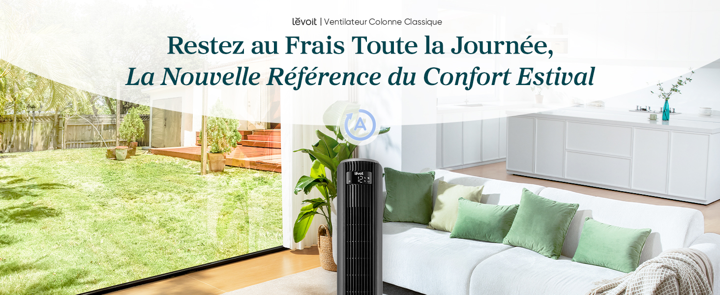Le texte se lit comme suit : « Restez au Frais Toute la Journée » et « La Nouvelle Référence du Confort Estival ». Terrasse extérieure avec jardin et pièce intérieure montrant la disposition des meubles.