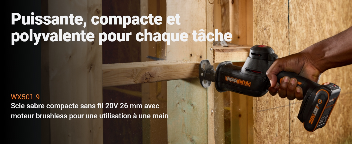 Le texte se lit comme suit : « Puissante, compacte et polyvalente pour chaque tâche ». Montre ses mains à l'aide d'un outil électrique contre une surface en bois.