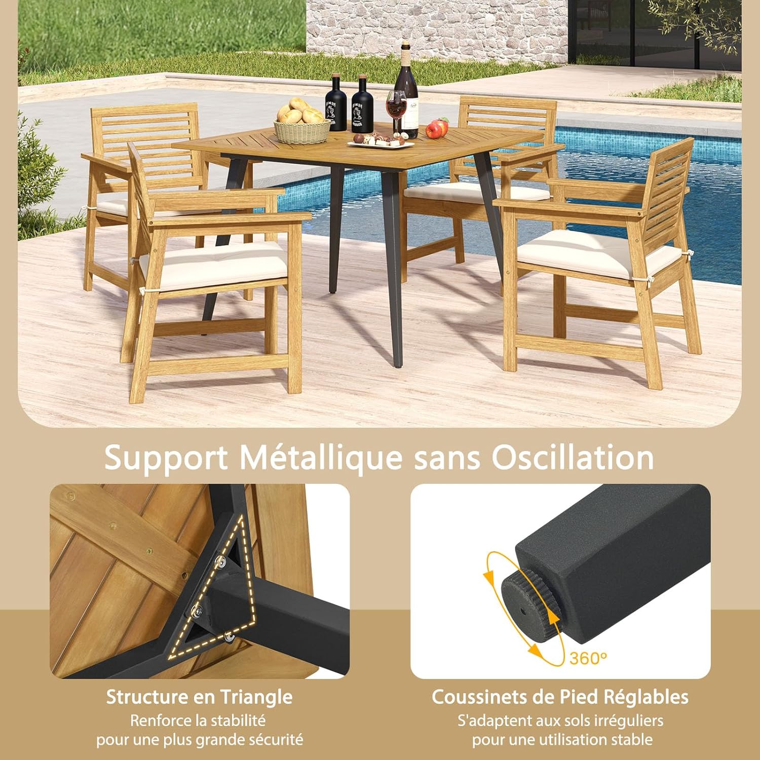COSTWAY - Table jardin carrée - 107x107 cm - bois acacia, trou parasol