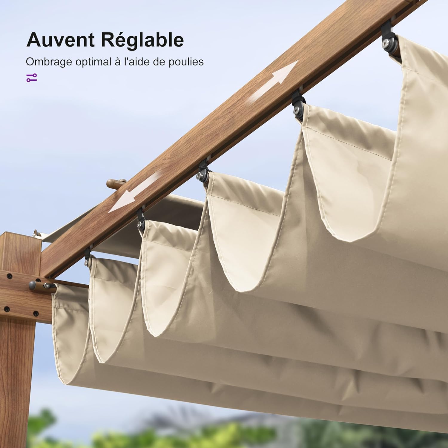 PURPLE LEAF - pergola aluminium 4x3m teck, toile rétractable, kaki