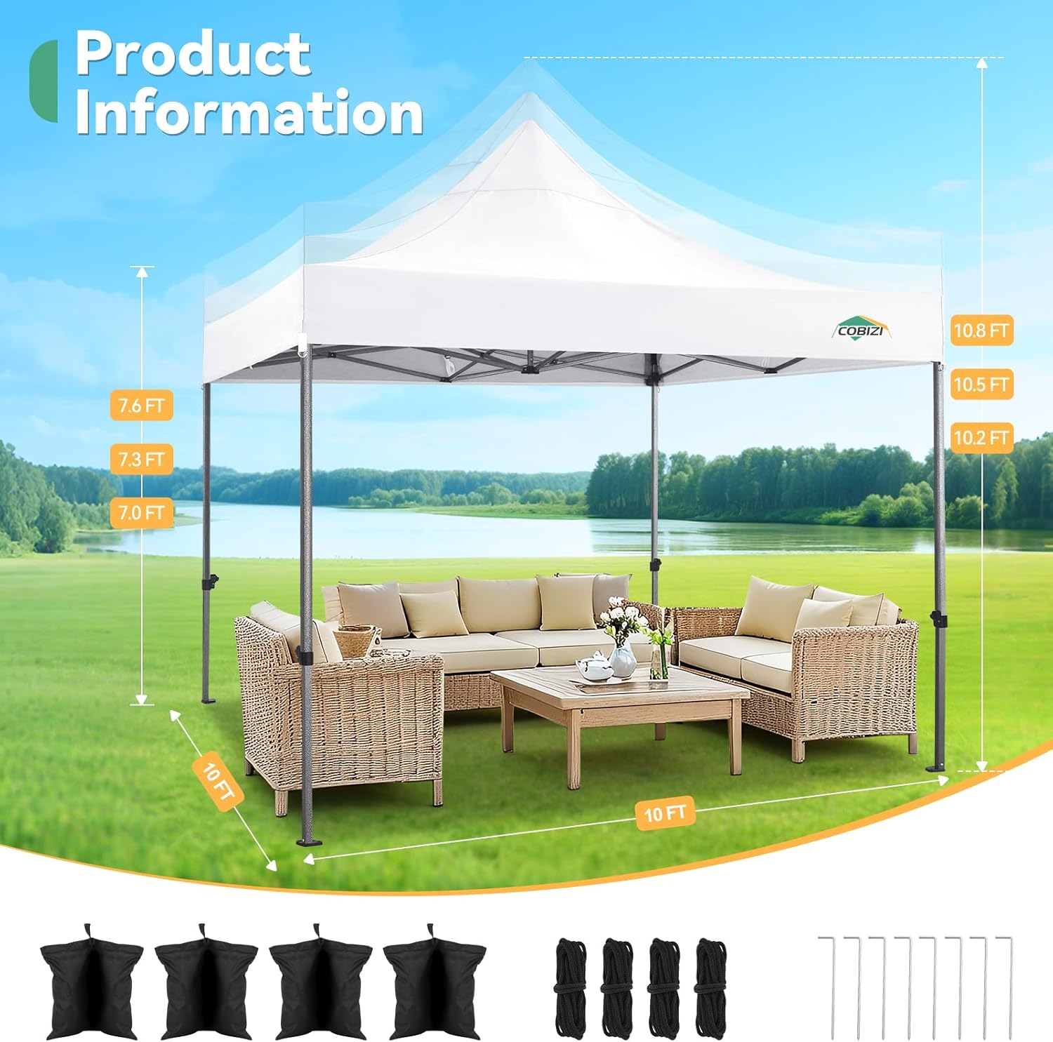 COBIZI Tente de Réception Pliante 3x3m Robuste sans Parois Latérales, Chapiteau de Fête Extérieur Commercial Facile à Monter, 3 Hauteurs Réglables avec Sac de Transport à Poignée,Blanc