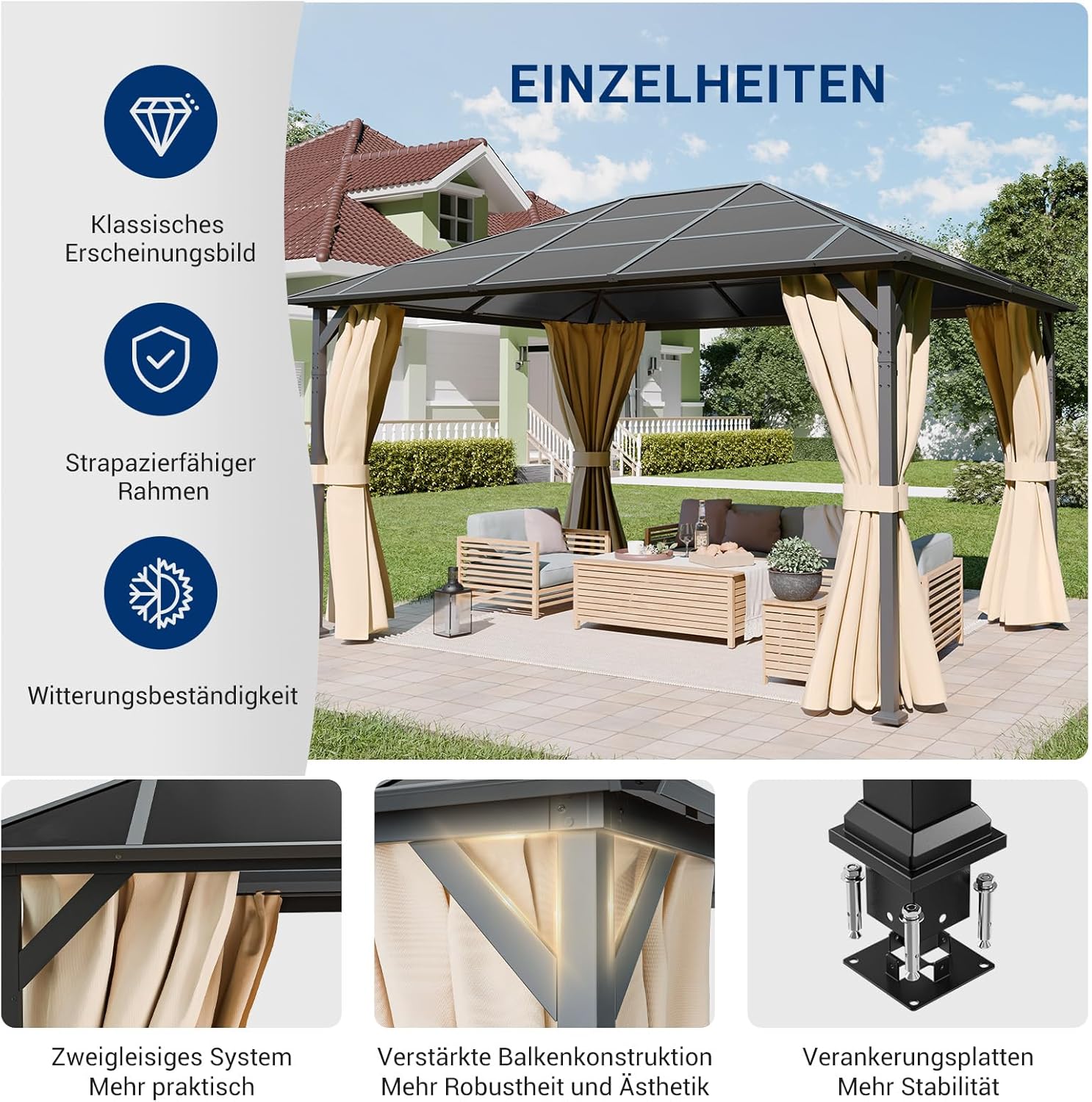 UDPATIO - tonnelle imperméable 3x4m avec rideaux, toit UV - Beige