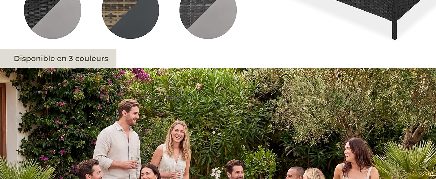 Trois échantillons de couleurs circulaires montrant différentes options de teintes dans des tons sombres, affichés au-dessus d'une scène extérieure avec des adultes et des enfants socialisant dans le jardin.