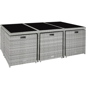Unité de rangement extérieure à trois compartiments avec extérieur en osier gris et couvercles noirs, idéale pour l'organisation de la terrasse