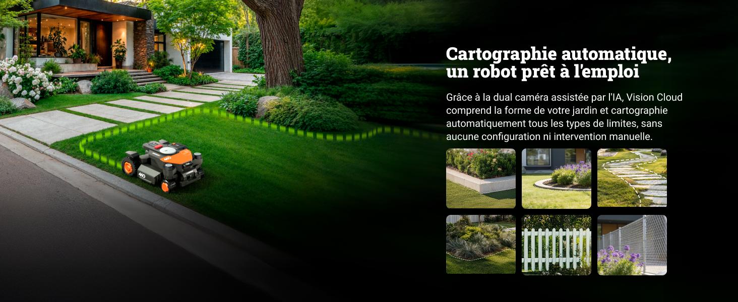 Visualisation de l'aménagement paysager montrant l'aménagement du jardin avec pelouse, allées et éléments architecturaux sous plusieurs angles.
