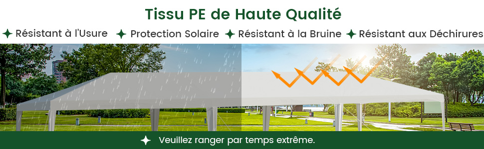 Grande tente extérieure blanche ou auvent dans une zone herbeuse. La superposition de texte met en valeur des caractéristiques telles que la protection solaire et la résistance aux déchirures