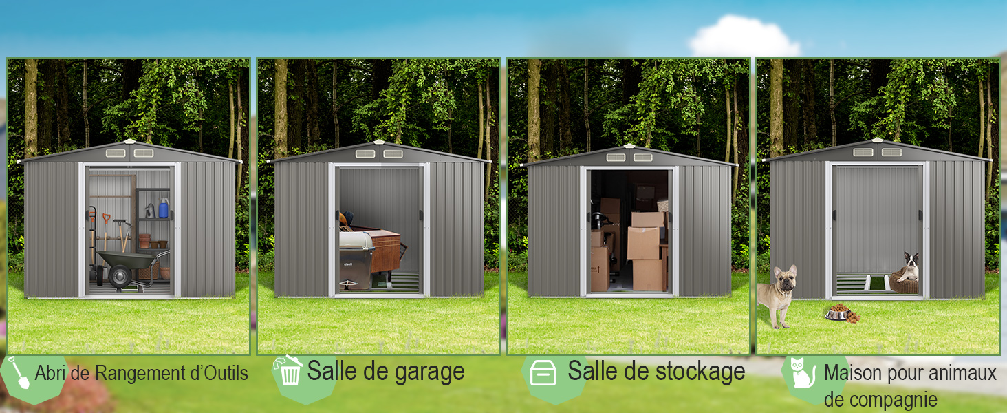 Quatre cabanons de rangement en métal à l'extérieur. Chaque cabanon présente des utilisations différentes : stockage d'équipement, garage, rangement général et logement pour animaux de compagnie