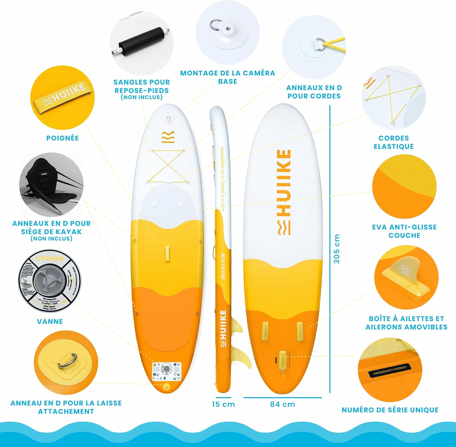 HUIIKE Paddle Gonflable Adulte avec Accessoires Inclus, Pagaie, Ailerons, Pompe. Planche de Stand Up Paddle Grande Stabilité et Résistance. 305 x 84 x 15 cm, Jusqu'à 130 kg