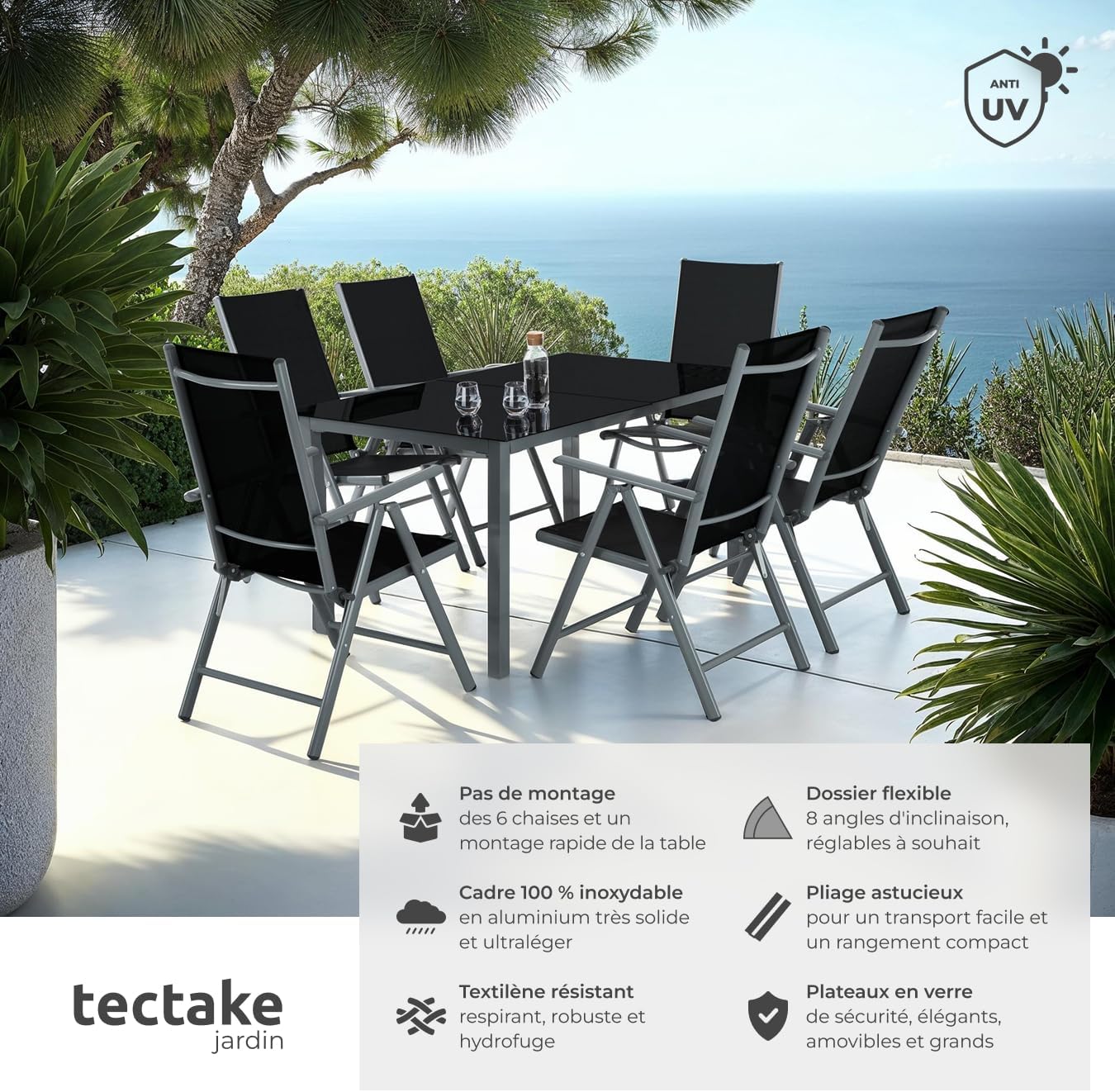 tectake - Salon de jardin aluminium, 6 fauteuils pliables, table - entretien facile, 220x90 cm