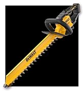 Tronçonneuse DeWalt jaune et noire photographiée sur fond noir avec une chaîne en mouvement, montrant la marque du produit et une démonstration de la capacité de coupe.