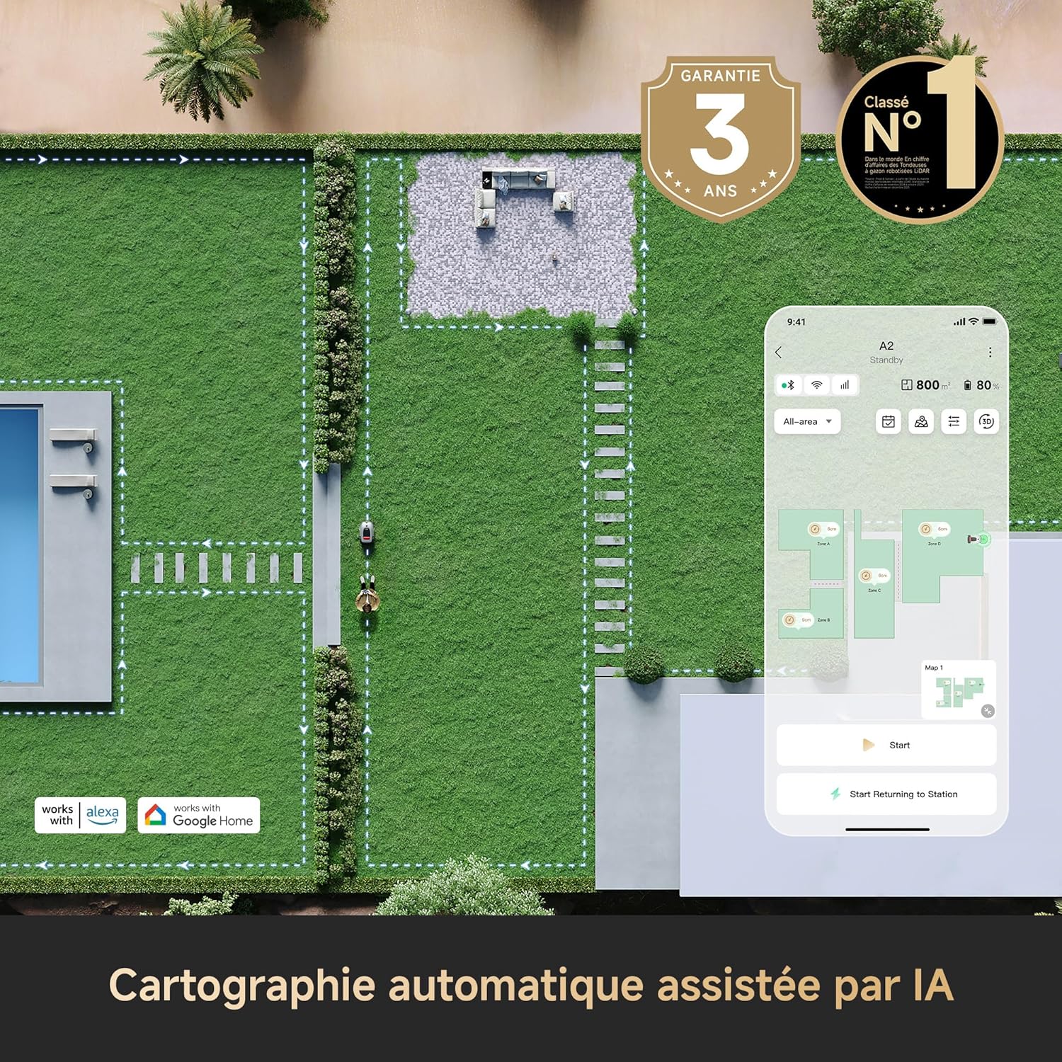 Dreame - A2 Série - 1200 m² - tondeuse robot sans fil, LiDAR 3D, EdgeMaster - DREAMEA21200