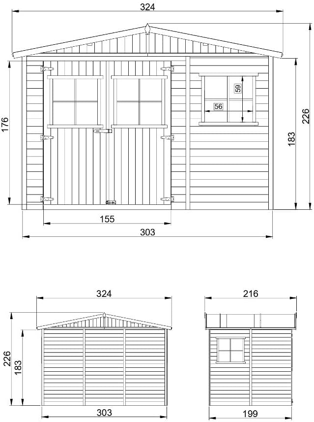 Timbela - abri de jardin bois 6 m², fenêtres, H226x324x216 cm - M334