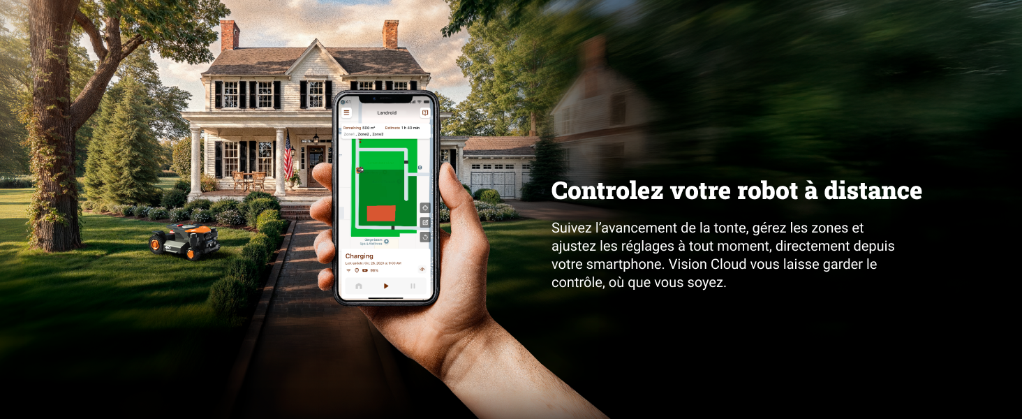Le texte se lit comme suit : « Contrôlez votre robot à distance ». Série d'images montrant l'interface de l'application pour smartphone et des vues extérieures de la maison illustrant la fonctionnalité de la télécommande.