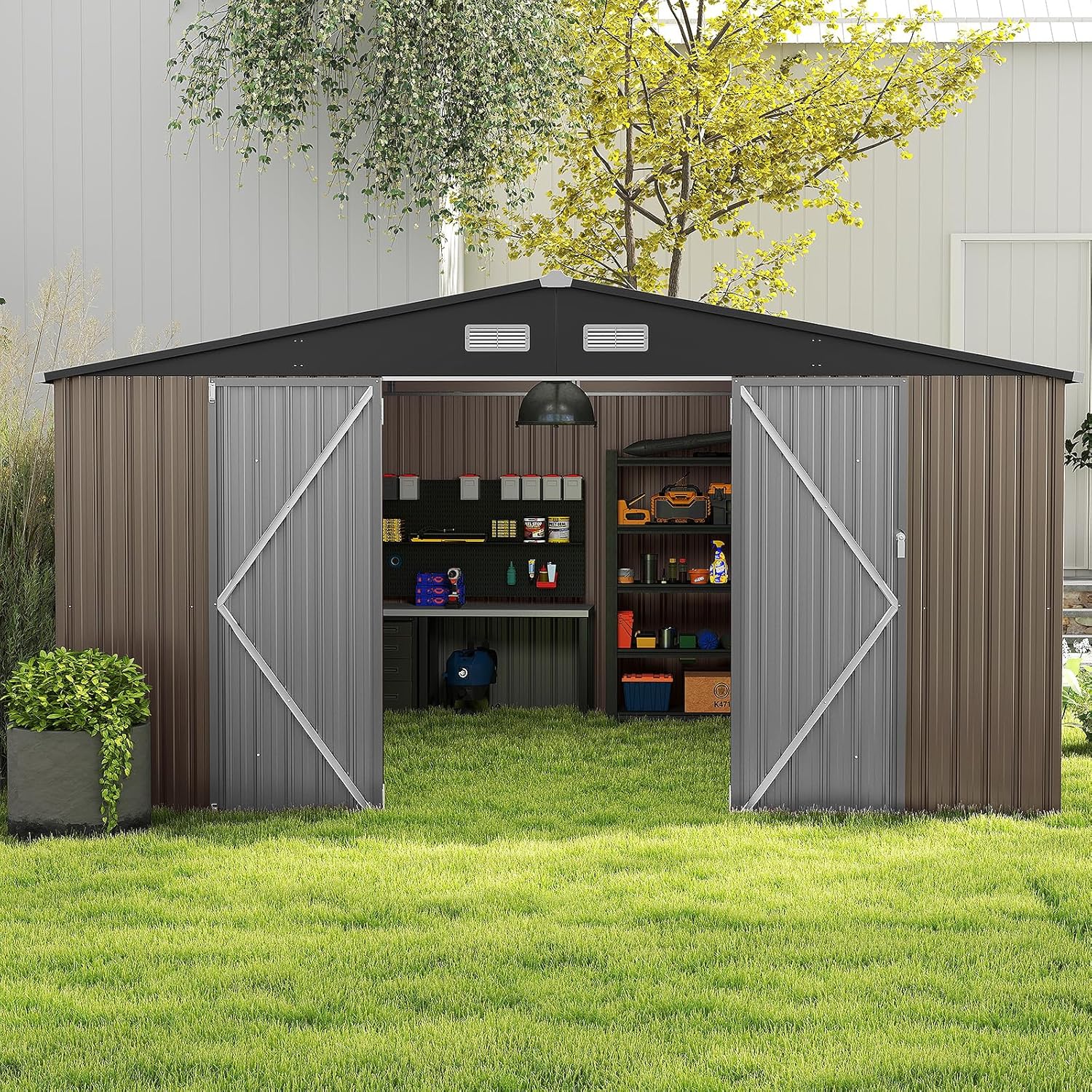 Costway - abri de jardin métal, 12m², toit double pente, double porte, 4 aérations