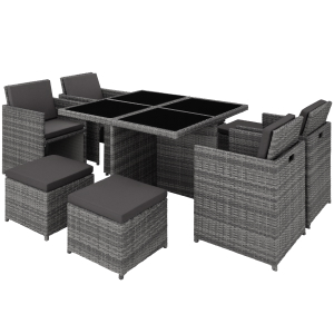 Ensemble de mobilier d'extérieur présentant un agencement de style cubique avec un matériau tissé foncé, comprenant des éléments de siège et de table dans une conception modulaire.